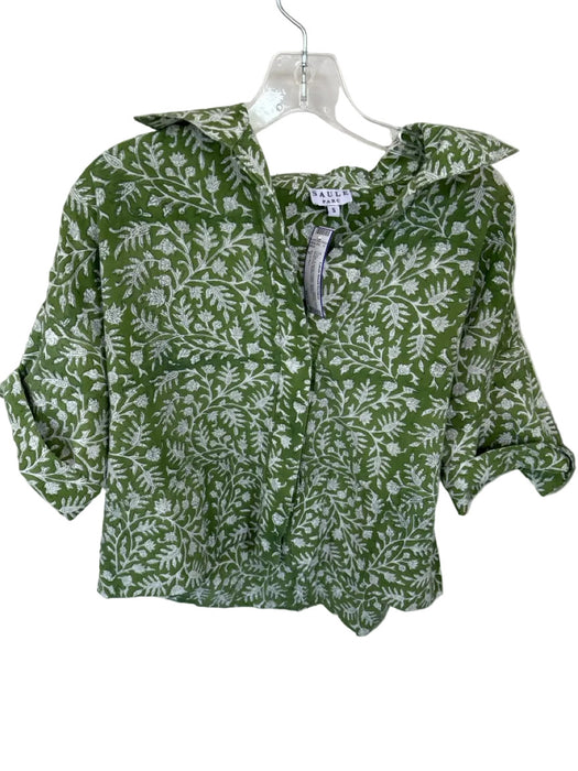 Saule Parc Size S Green & White Cotton Short Sleeve Botanical Button Down Top