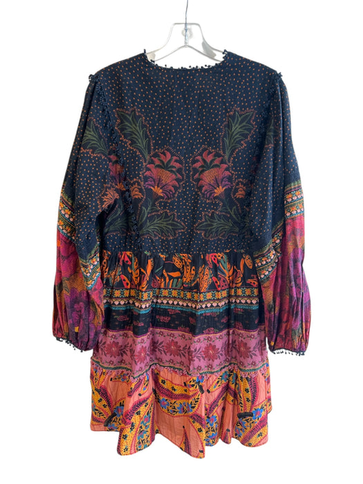 Farm Rio Size S Black & Multi Cotton V Neck Long Sleeve Beaded Design Dress Black & Multi / S