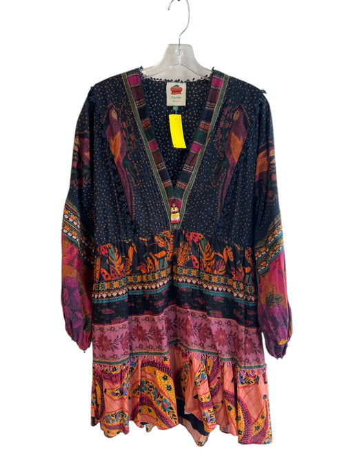 Farm Rio Size S Black & Multi Cotton V Neck Long Sleeve Beaded Design Dress Black & Multi / S
