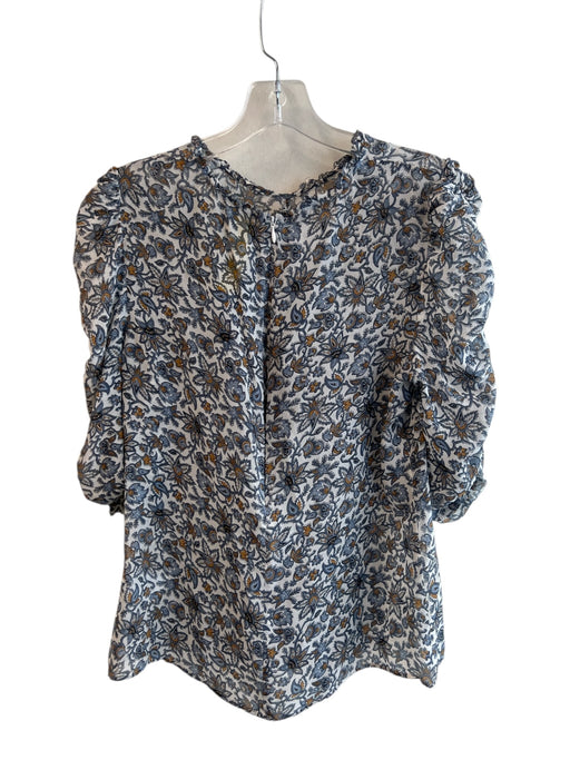 Veronica Beard Size 8 White & Blue Silk Round Neck 3/4 Sleeve Ruched Top White & Blue / 8