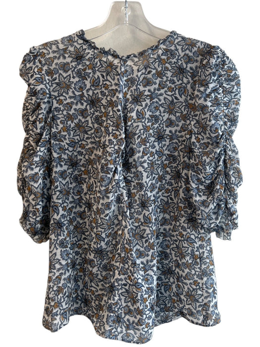 Veronica Beard Size 8 White & Blue Silk Round Neck 3/4 Sleeve Ruched Top White & Blue / 8