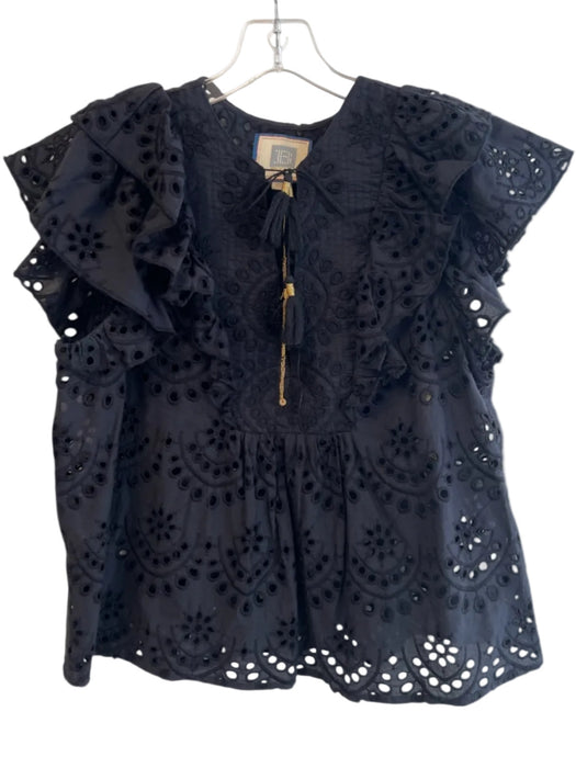 Bell Size L Black Cotton Tassel Tie V Neck Flutter Sleeve Lace Top Black / L