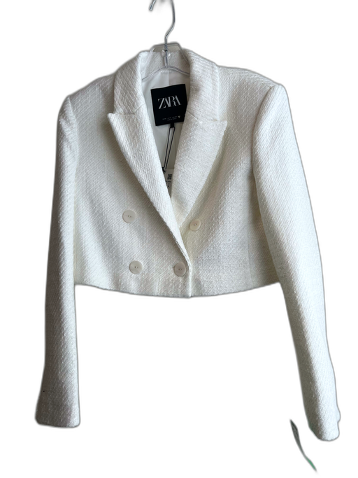 Zara Size Medium White Polyester Knit Cropped Shoulder Pads Button Detail Jacket White / Medium