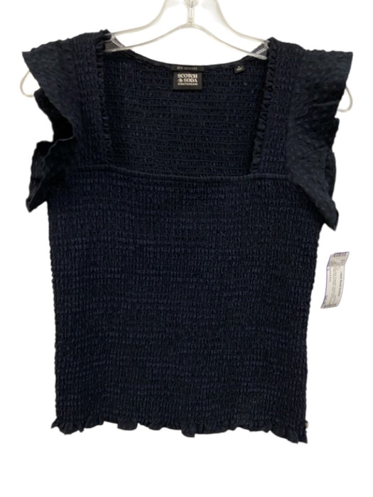Scotch & Soda Size S Navy Blue Polyester Square Neck Ruffle Sleeve Detail Top Navy Blue / S