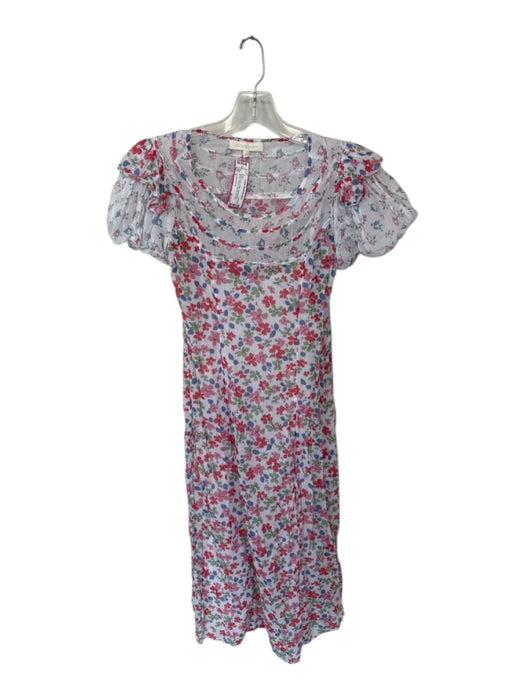 Loveshackfancy Size 0 White & Red Cotton Short Balloon Sleeve Flowers Slip Dress White & Red / 0