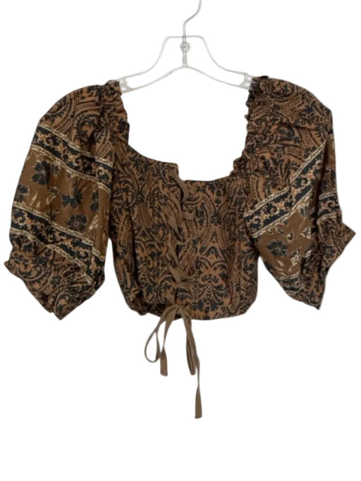 Luminary Size M Brown & Black Cotton 3/4 Balloon Sleeve Corset Lace Up Back Top Brown & Black / M