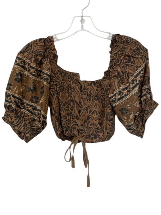 Luminary Size M Brown & Black Cotton 3/4 Balloon Sleeve Corset Lace Up Back Top Brown & Black / M
