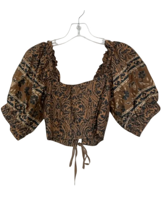 Luminary Size M Brown & Black Cotton 3/4 Balloon Sleeve Corset Lace Up Back Top Brown & Black / M