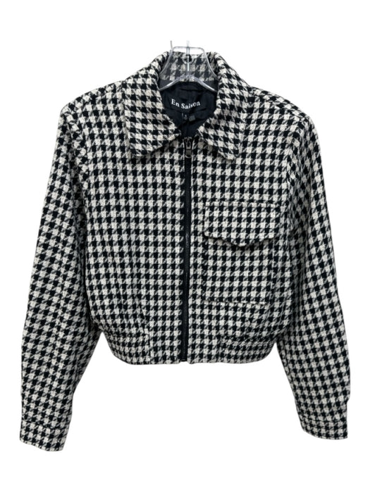 En Saison Size S Black & Cream Polyester Tweed Houndstooth Pleated Skirt Set Black & Cream / S