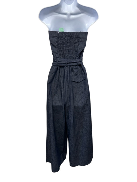 En Saison Size S Dark Wash Cotton Denim Strapless Floral Jacquard Jumpsuit Dark Wash / S