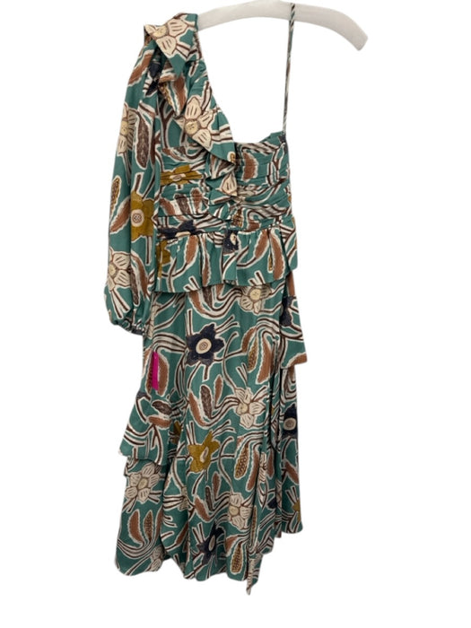 Ulla Johnson Size 2 Teal Blue, Brown & Cream White Silk One Shoulder Dress Teal Blue, Brown & Cream White / 2