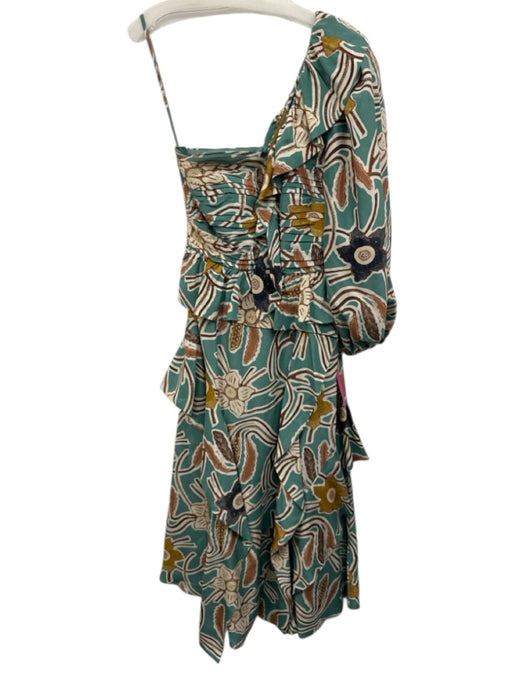 Ulla Johnson Size 2 Teal Blue, Brown & Cream White Silk One Shoulder Dress Teal Blue, Brown & Cream White / 2