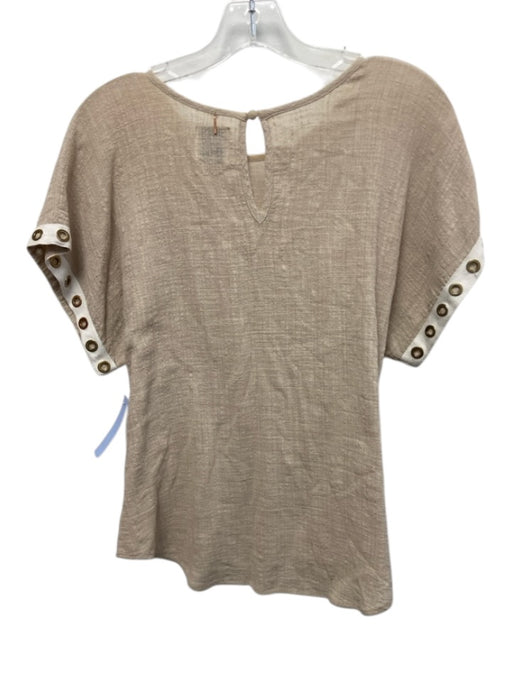 Misa Size M Beige & White Cotton Blend Cap Sleeve Gold Grommet Trim Detail Top Beige & White / M