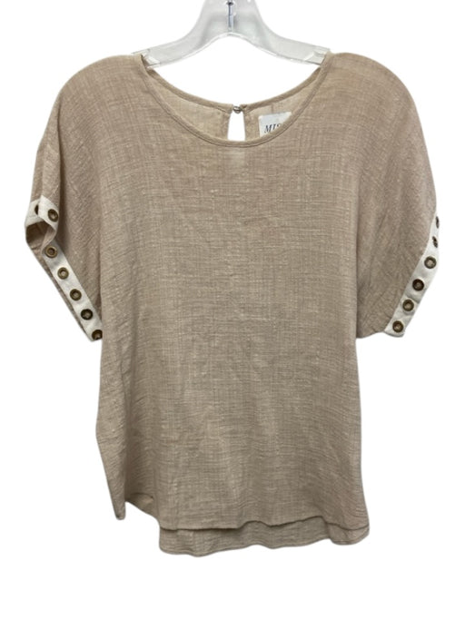 Misa Size M Beige & White Cotton Blend Cap Sleeve Gold Grommet Trim Detail Top Beige & White / M