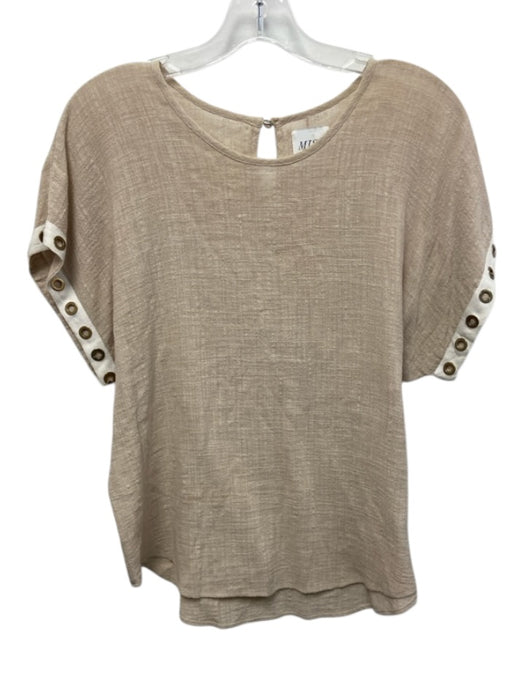 Misa Size M Beige & White Cotton Blend Cap Sleeve Gold Grommet Trim Detail Top Beige & White / M