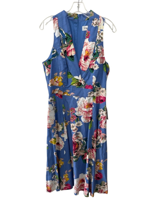 Eliza J Size 12 Blue & Multi Linen & Rayon Sleeveless Floral Surplice Maxi Dress Blue & Multi / 12