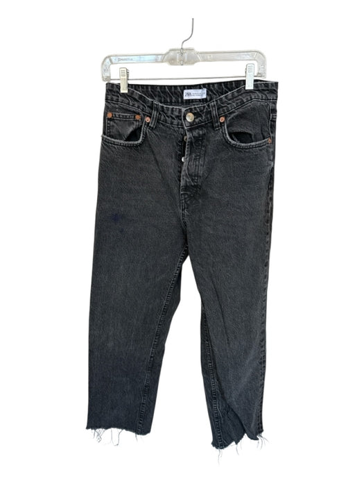 Zara Size 8 Black Cotton High Waist Button Fly Straight Leg Raw Hem Jeans Black / 8