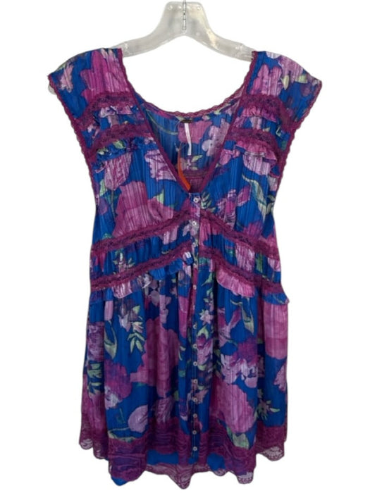 Free People Size XS Blue & Purple Polyester Sleeveless Flowers Lace Slip Dress Blue & Purple / XS