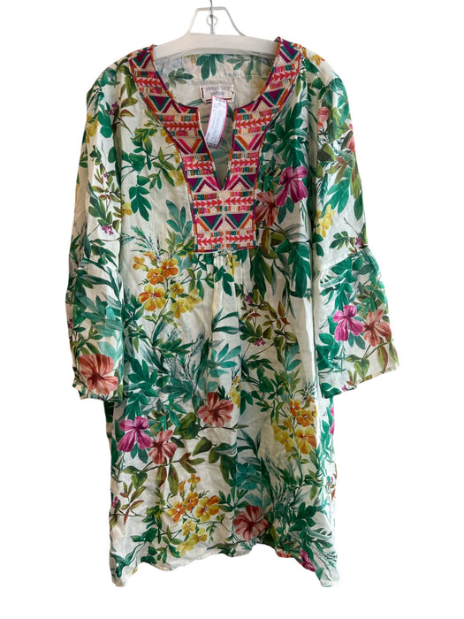 Johnny Was Workshop Size L Green & Multi Ramie V Neck Long Sleeve Dress Green & Multi / L