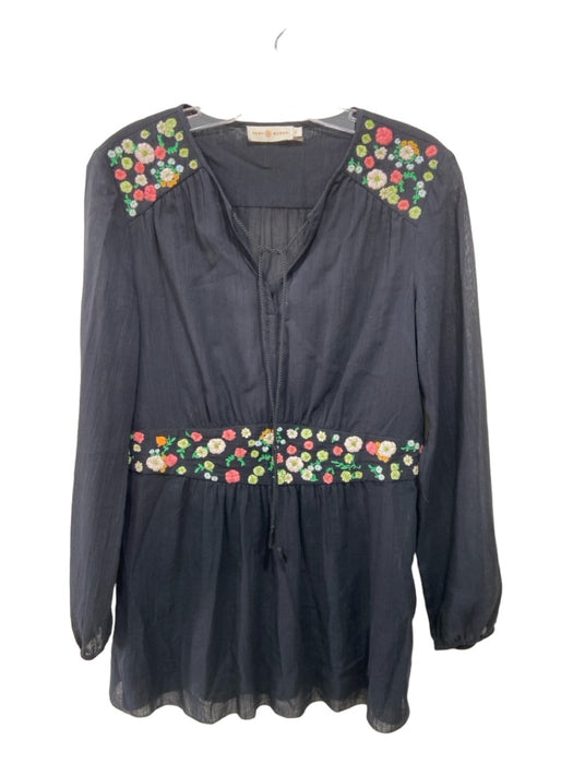 Tory Burch Size 6 Black & Multi Cotton Blend Embroidered Flowers V Neck Top Black & Multi / 6