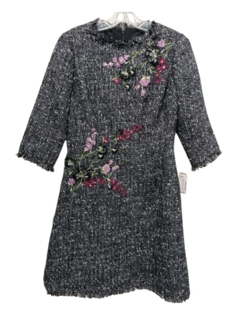 Teri Jon Size 6 Black, White, Multi Tweed Floral Embroidery 3/4 Sleeve Dress Black, White, Multi / 6