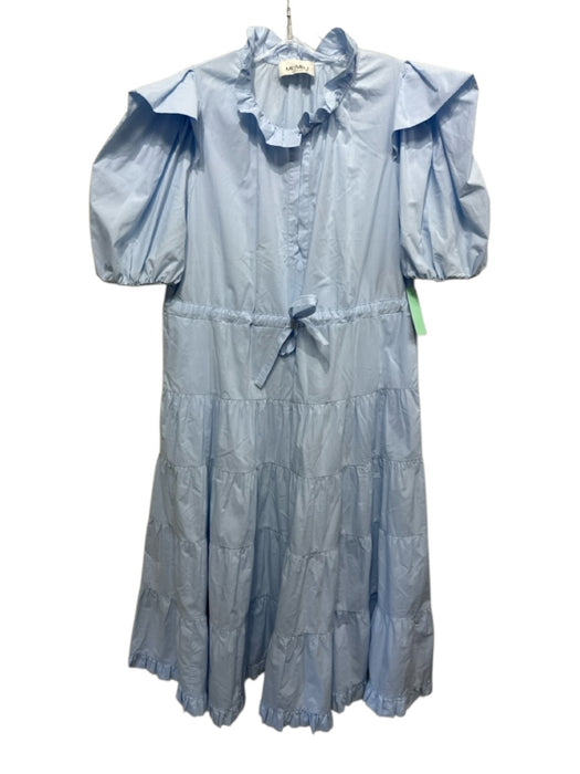 Meimeij Size 40 Light Blue Cotton Short Puff Sleeve Tiered Split Neck Dress Light Blue / 40