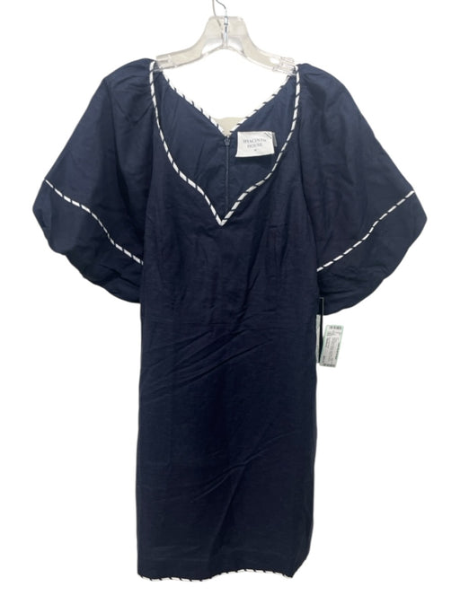 Hyacinth House Size Medium Navy Blue & White Linen Blend Short Puff Sleeve Dress Navy Blue & White / Medium