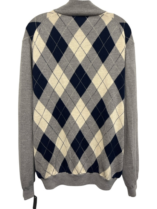 Fairway & Greene Size XL Gray, White, Navy Merino Wool Argyle High Neck Sweater Gray, White, Navy / XL
