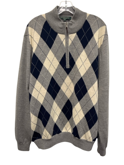 Fairway & Greene Size XL Gray, White, Navy Merino Wool Argyle High Neck Sweater Gray, White, Navy / XL