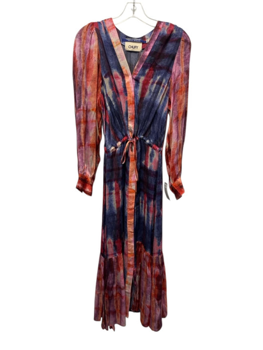 Chufy Size S Blue, Pink, Orange Cupro Long Sleeve Tie Dye Buttons Midi Dress Blue, Pink, Orange / S