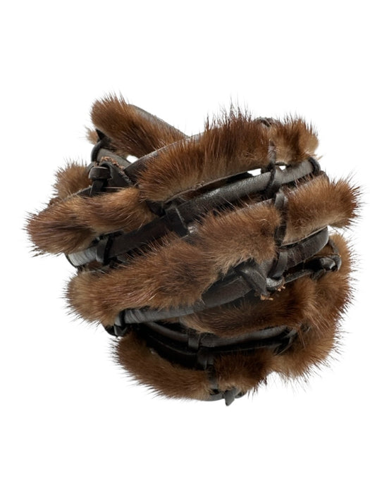No Brand Brown Leather Fur Trim Brass Hardware Woven Hook Clasp Belts Brown / XL