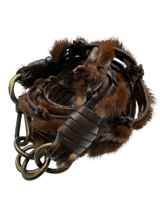 No Brand Brown Leather Fur Trim Brass Hardware Woven Hook Clasp Belts Brown / XL