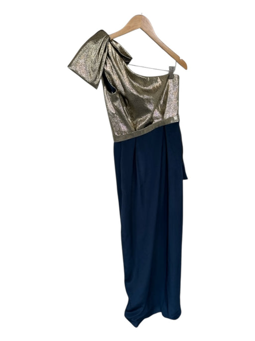 Marchesa Notte Size 10 Gold & Navy Metallic One Shoulder Gathered Sides Gown Gold & Navy / 10