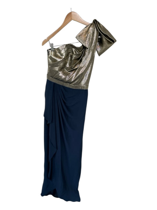 Marchesa Notte Size 10 Gold & Navy Metallic One Shoulder Gathered Sides Gown Gold & Navy / 10