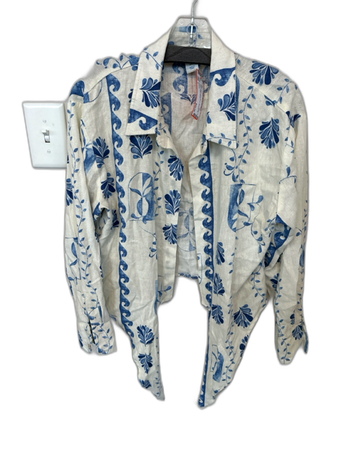 Calypso Size L Blue & White Linen Blend Abstract Tie Front Collar Top Blue & White / L
