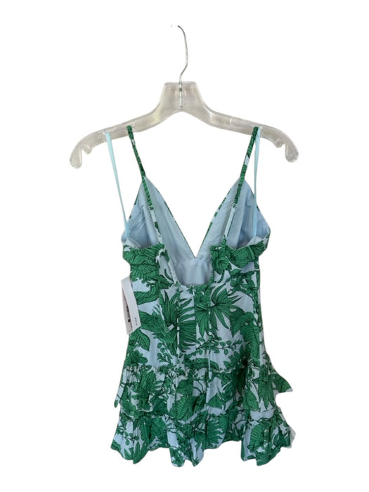 Aqua Size S Blue & Green Linen & Rayon Spaghetti Strap Botanical Back Zip Dress Blue & Green / S