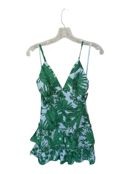 Aqua Size S Blue & Green Linen & Rayon Spaghetti Strap Botanical Back Zip Dress Blue & Green / S