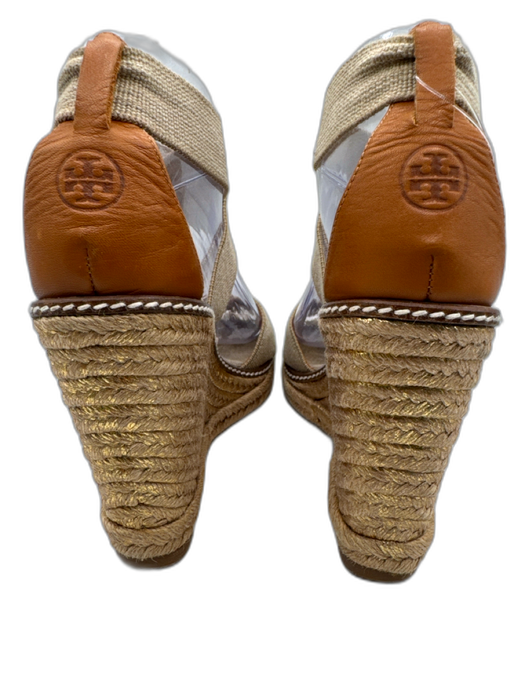 Tory Burch Shoe Size 7.5 Beige & Brown Canvas Criss Cross Ankle Strap Wedges Beige & Brown / 7.5