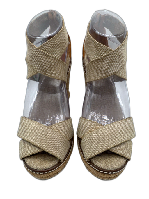 Tory Burch Shoe Size 7.5 Beige & Brown Canvas Criss Cross Ankle Strap Wedges Beige & Brown / 7.5