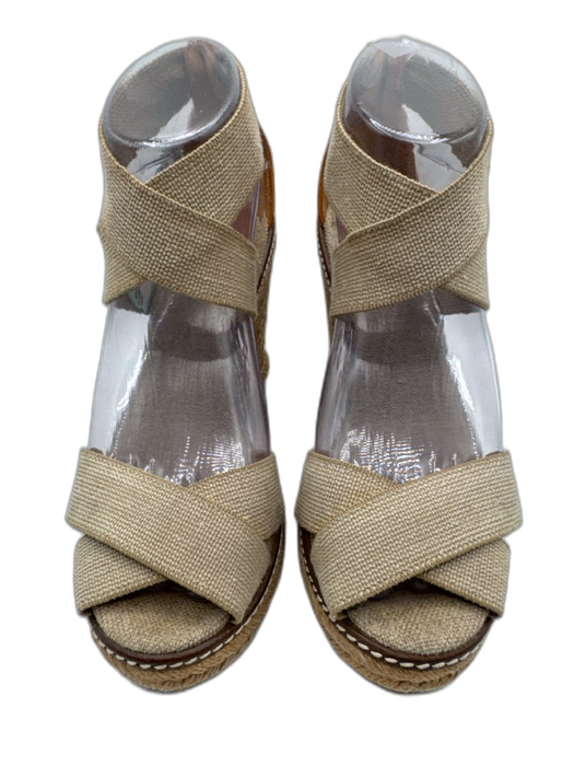 Tory Burch Shoe Size 7.5 Beige & Brown Canvas Criss Cross Ankle Strap Wedges Beige & Brown / 7.5