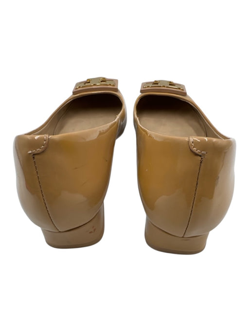 Tory Burch Shoe Size 7.5 Tan Patent Leather Round Toe Gold Logo Block Heel Flats Tan / 7.5
