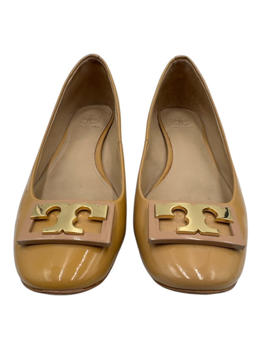 Tory Burch Shoe Size 7.5 Tan Patent Leather Round Toe Gold Logo Block Heel Flats Tan / 7.5
