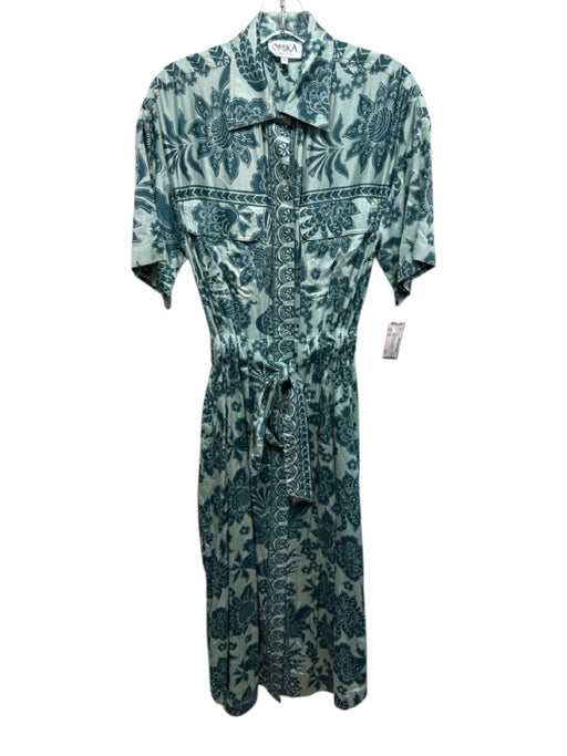Omika Size XS Green Modal Tie Waist All Over Print Button Up Maxi Dress Green / XS