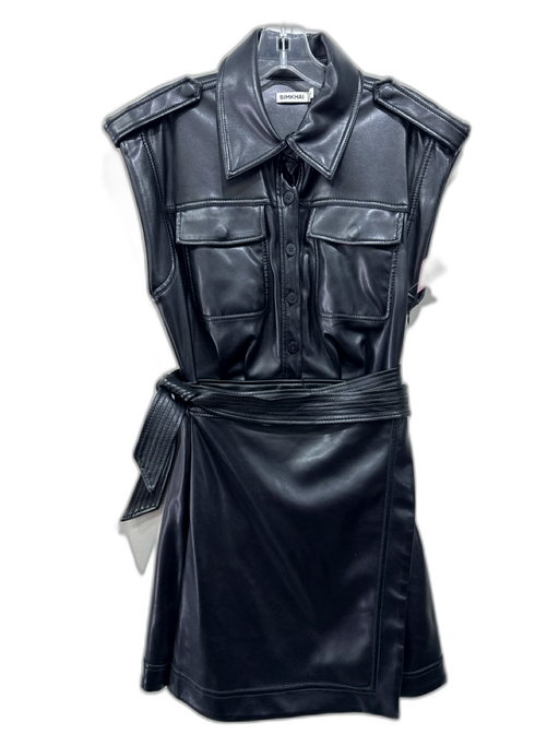 Simkhai Size 4 Black PU Leather Contrast Stitch Half Button Patch Pockets Dress Black / 4