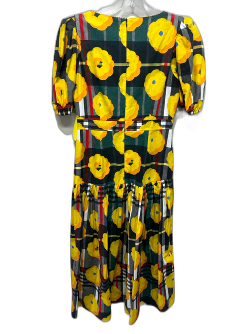 De Loreta Size S Black, Yellow & Multi Cotton Floral Plaid U Neck Dress Black, Yellow & Multi / S