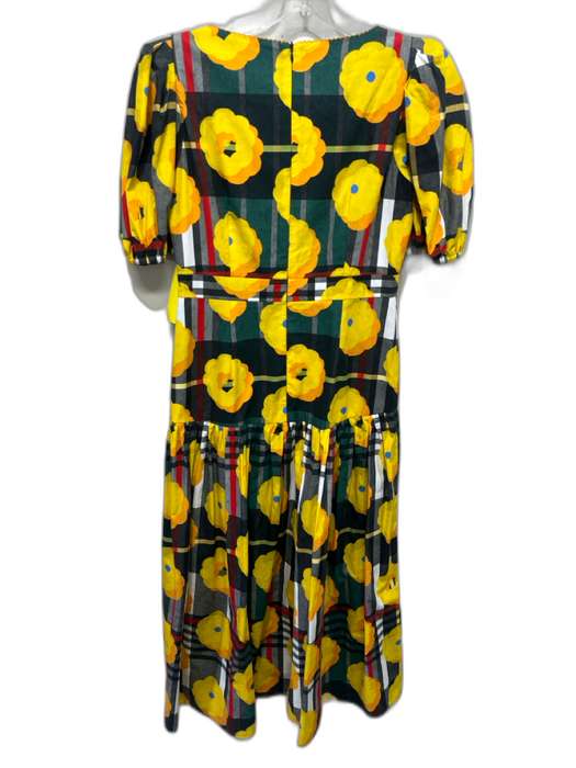De Loreta Size S Black, Yellow & Multi Cotton Floral Plaid U Neck Dress Black, Yellow & Multi / S
