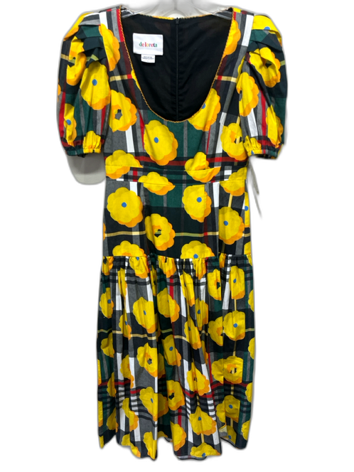 De Loreta Size S Black, Yellow & Multi Cotton Floral Plaid U Neck Dress Black, Yellow & Multi / S