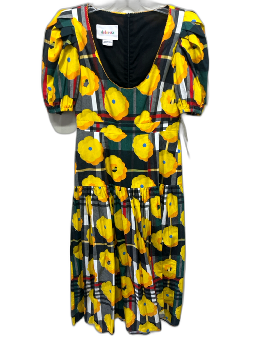 De Loreta Size S Black, Yellow & Multi Cotton Floral Plaid U Neck Dress Black, Yellow & Multi / S