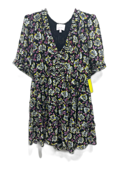 Cinq a Sept Size 4 Black, Yellow & Pink Polyester Floral Short Sleeve Dress Black, Yellow & Pink / 4