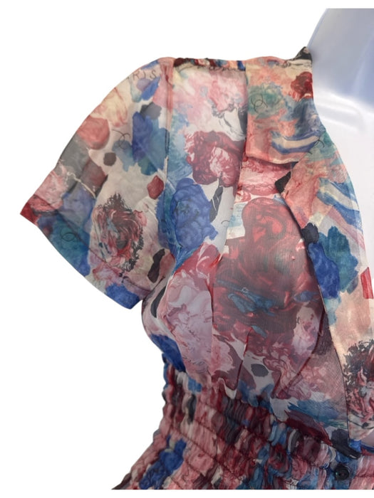 Chanel Size 2 Pink, Blue & Multi Silk Chiffon Floral Short Sleeve Top Pink, Blue & Multi / 2